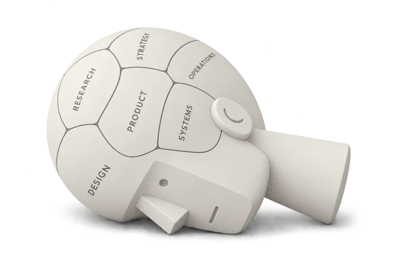 Sculpted head with its skull mapped into labeled regions: design, research, product, strategy, systems, and operations.